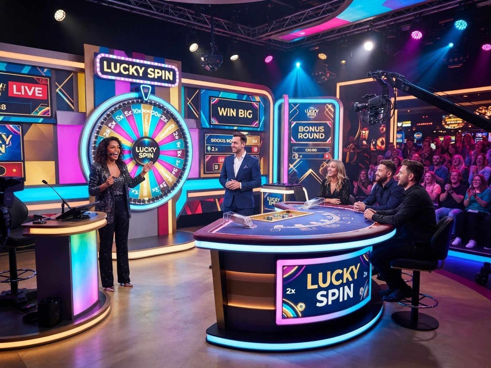 Live game show casino studio table with colorful set