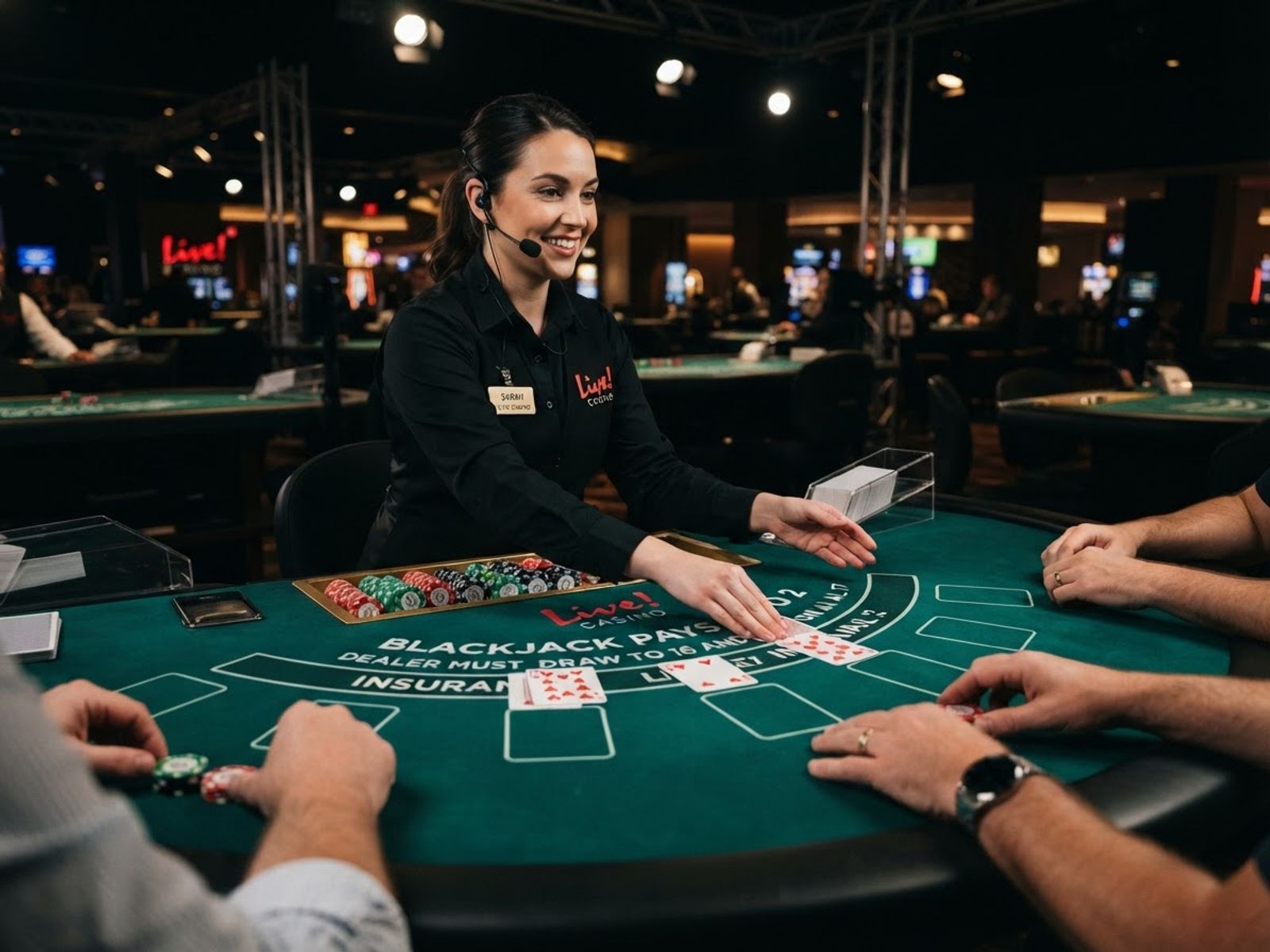 Live blackjack dealer dealing cards at green felt table