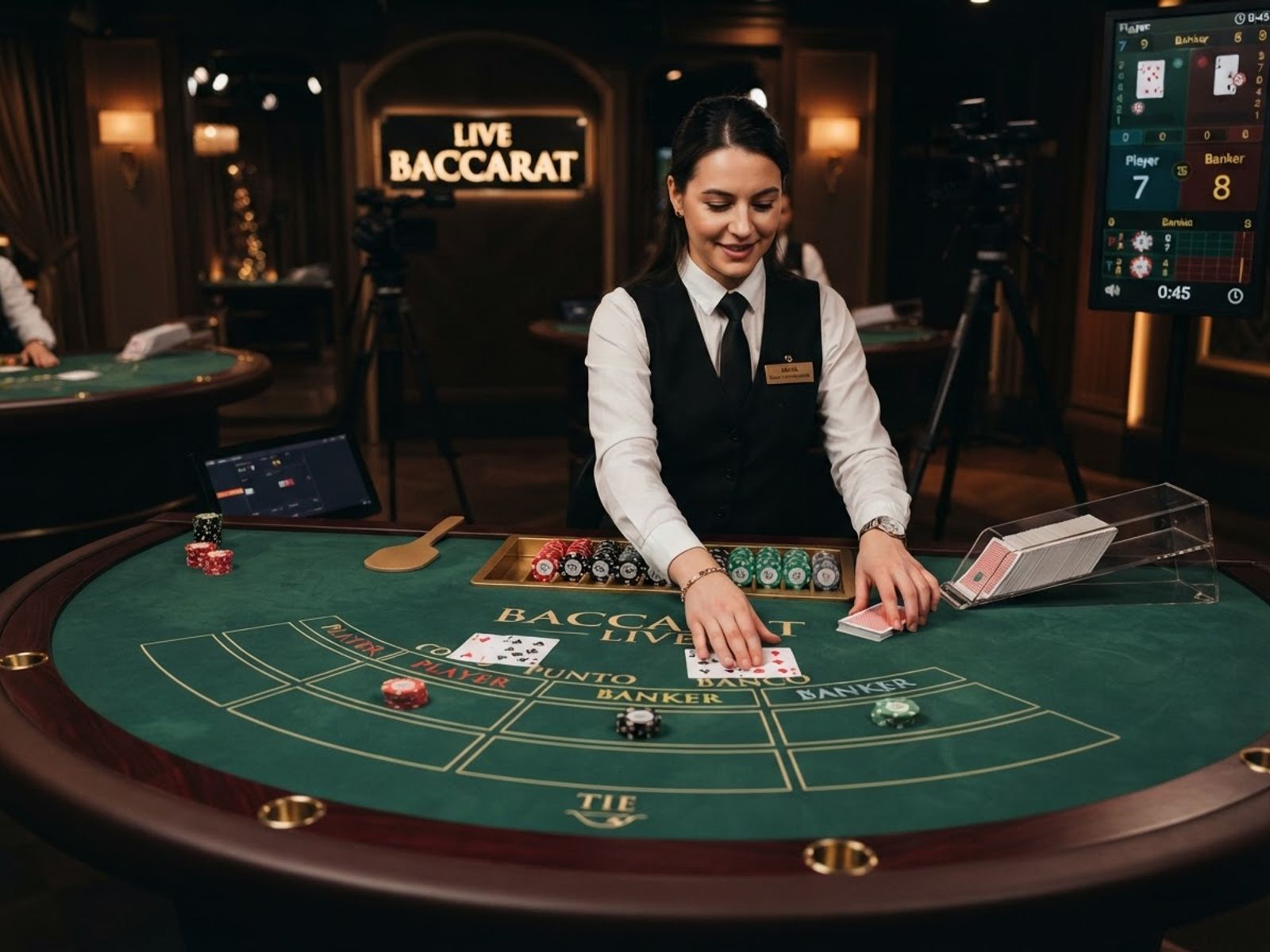 Live baccarat cards and chips on casino table