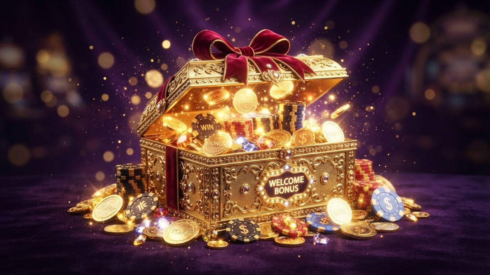 Golden welcome bonus gift box with coins and casino chips