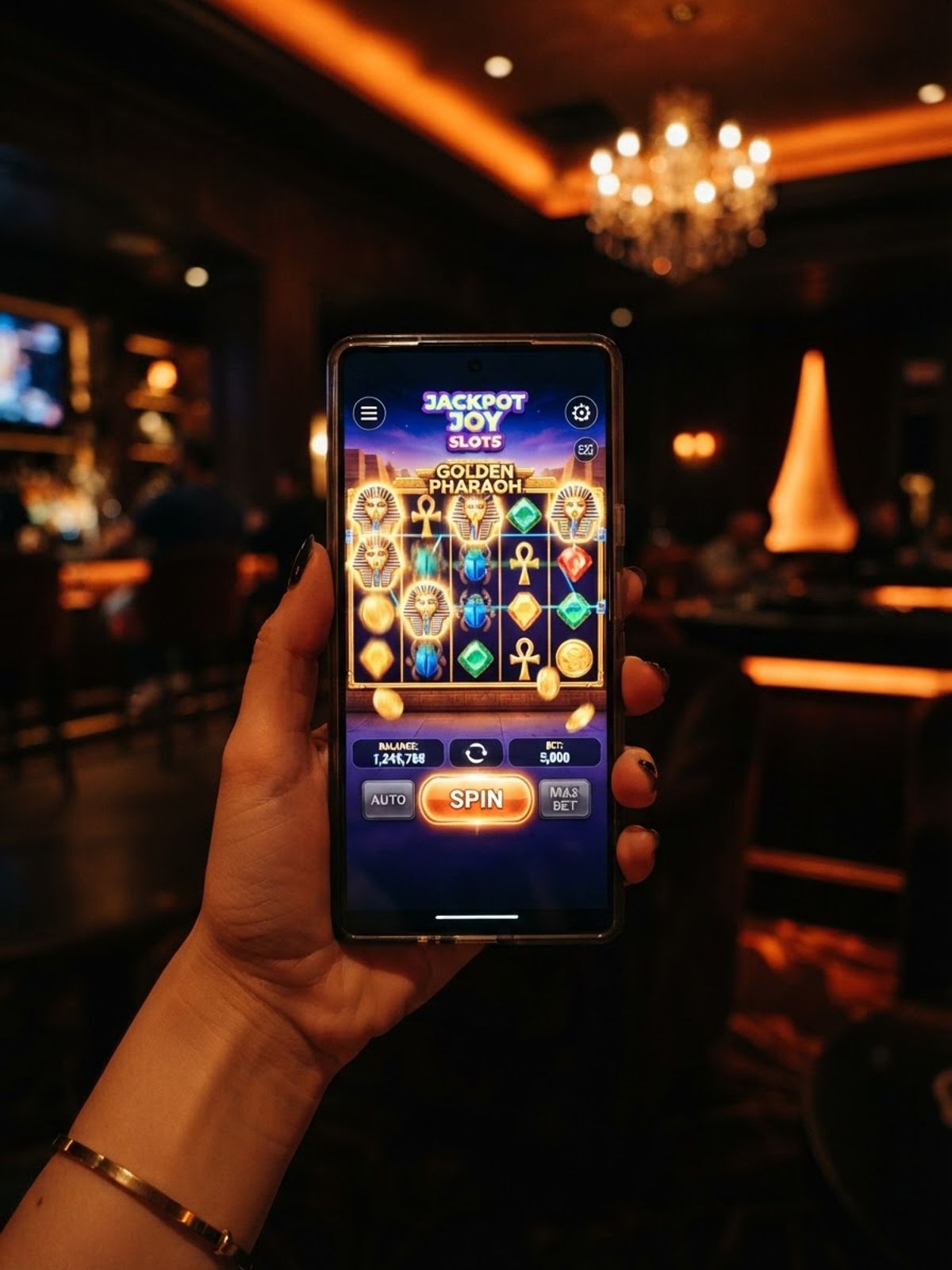 Smartphone showing casino slots app with reels on screen
