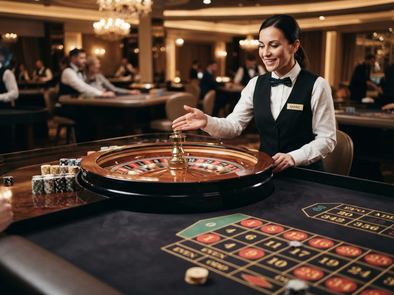 Live roulette wheel spinning with croupier at table