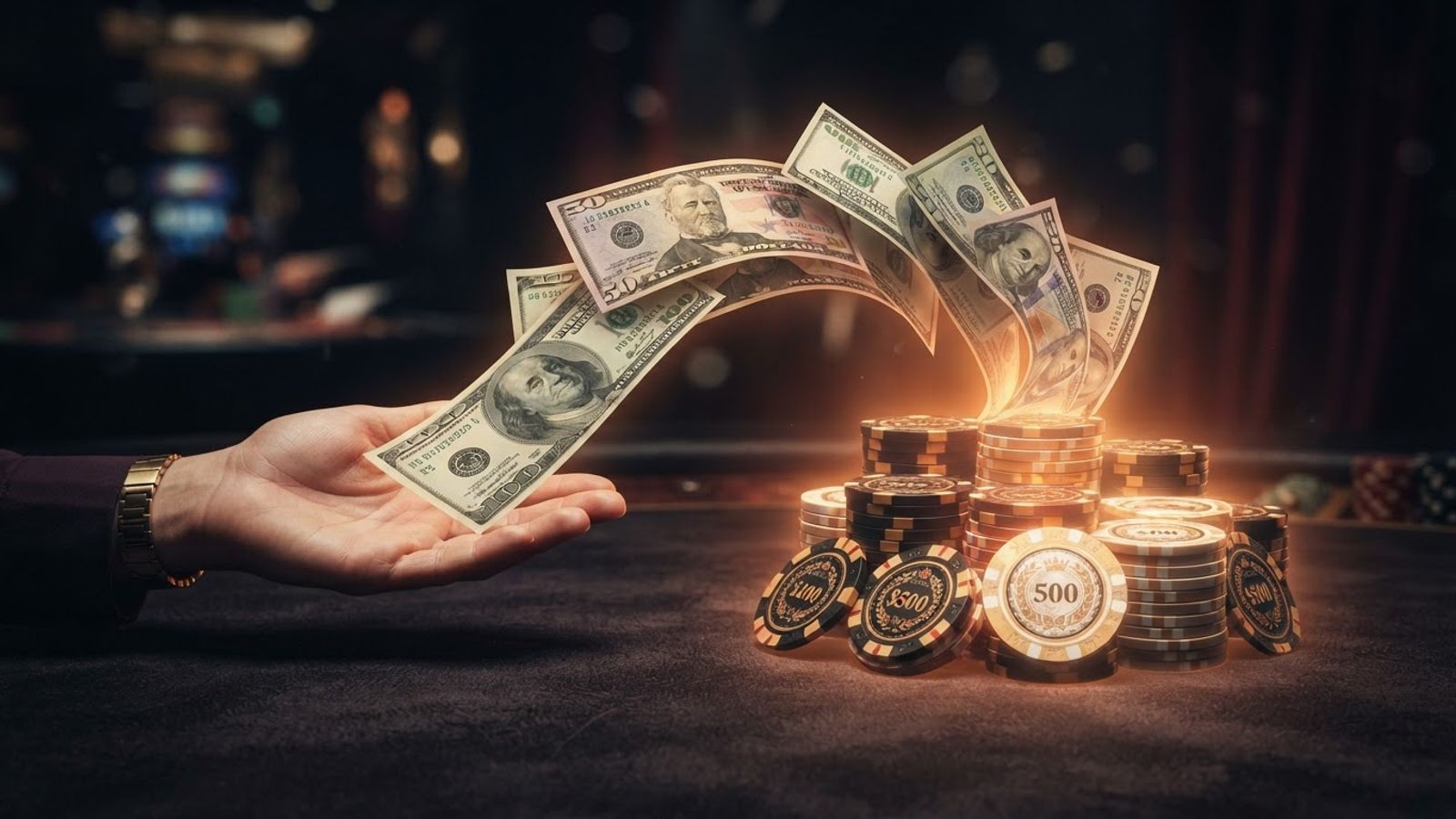 Cashback rebate concept with money and casino chips
