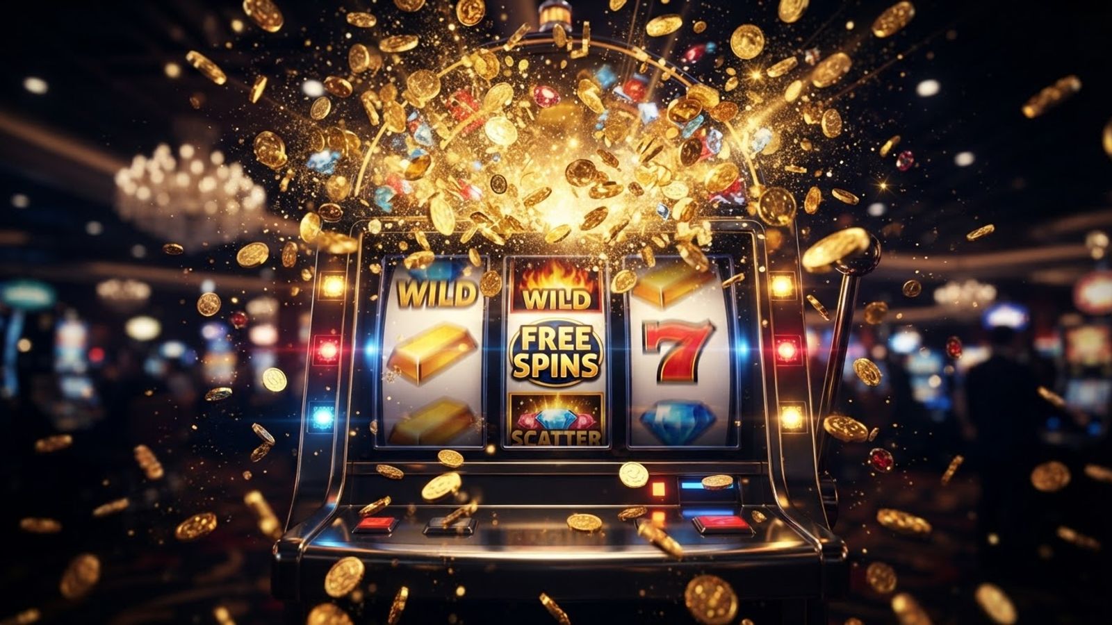 Free spins slot reels with golden coins bursting