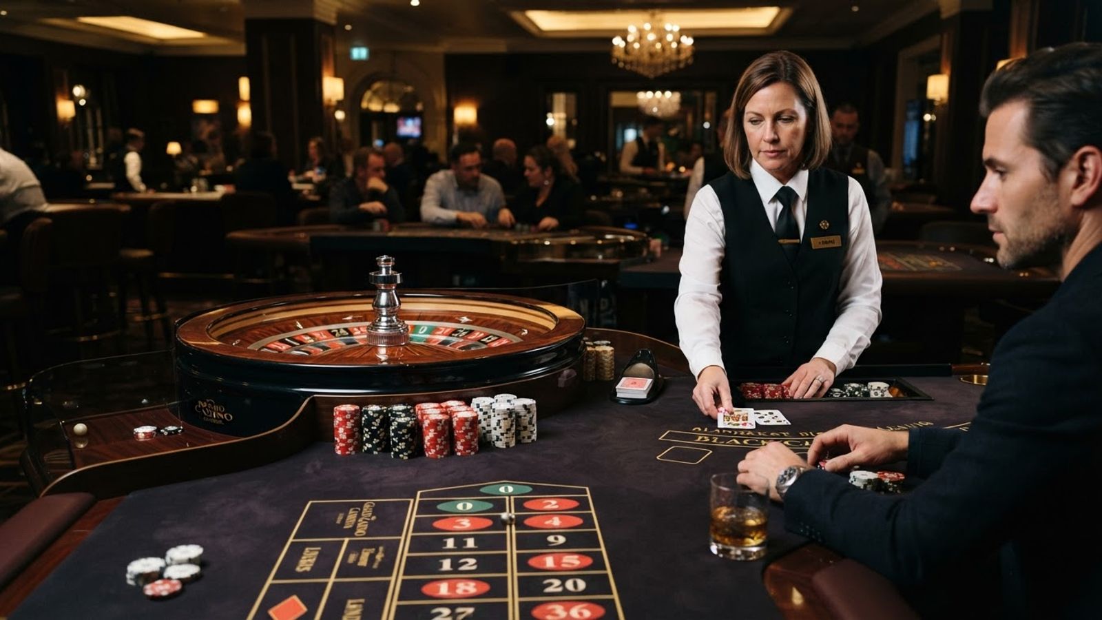Casino roulette wheel and playing cards on dark table